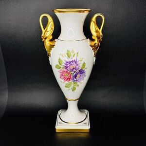 Meissen ALKA Kunst Bavaria Dresden Vase Gold Gilded Swan Floral Germany 11.5”